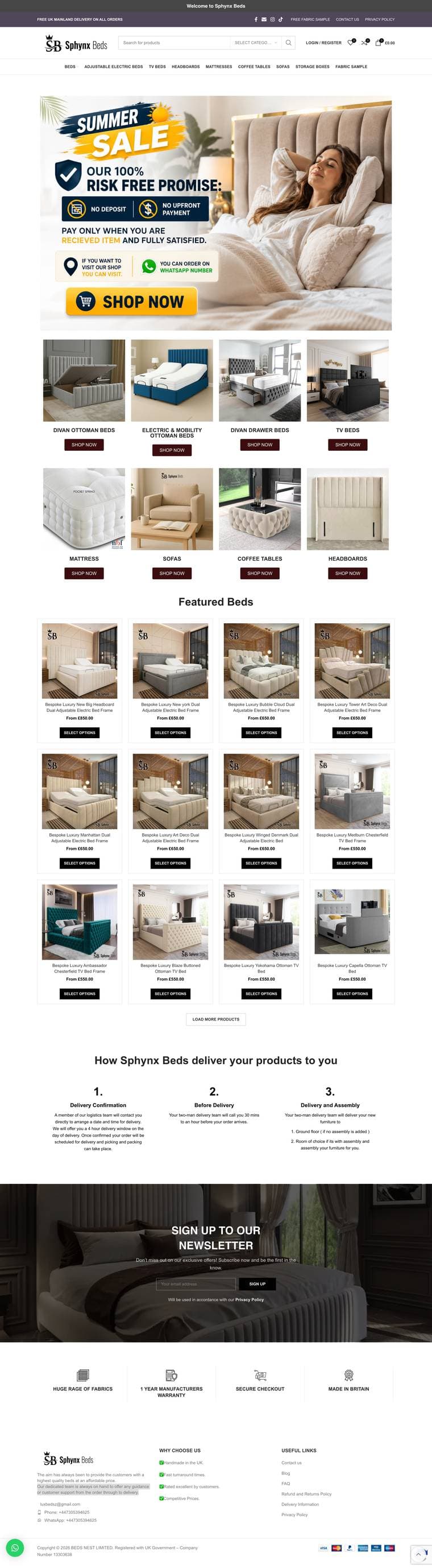 Full-page design of a United Kingdom beds and mattress eCommerce store