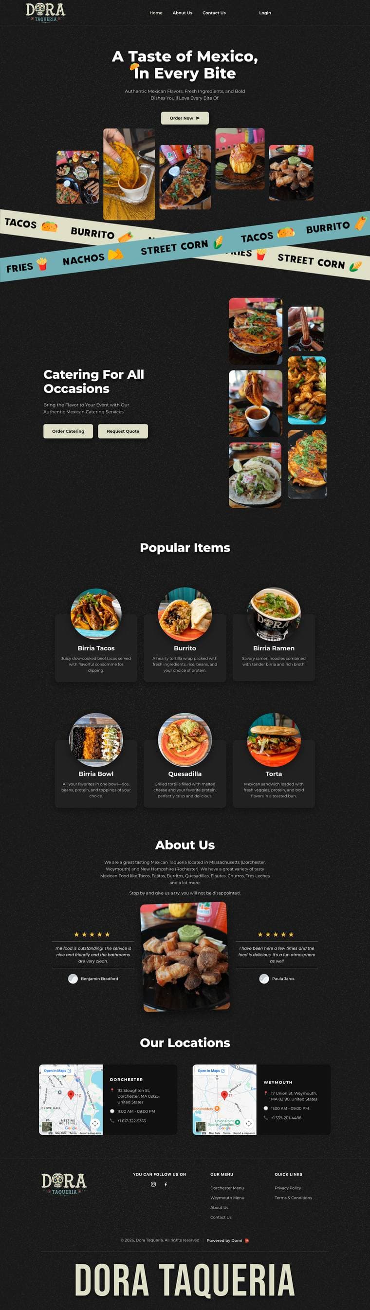 Full-page design of the Dora Taqueria Mexican restaurant website in Boston