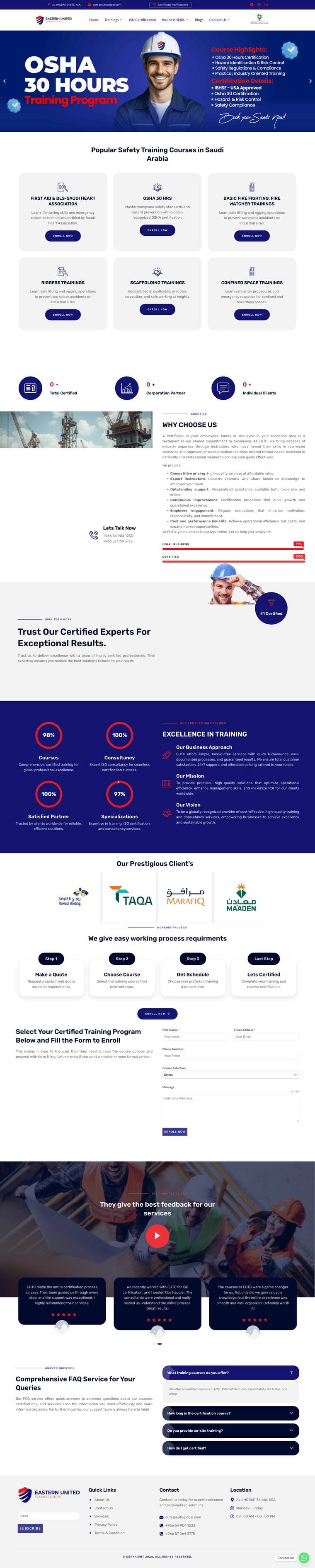 Full-page design of a safety training institute website in Saudi Arabia