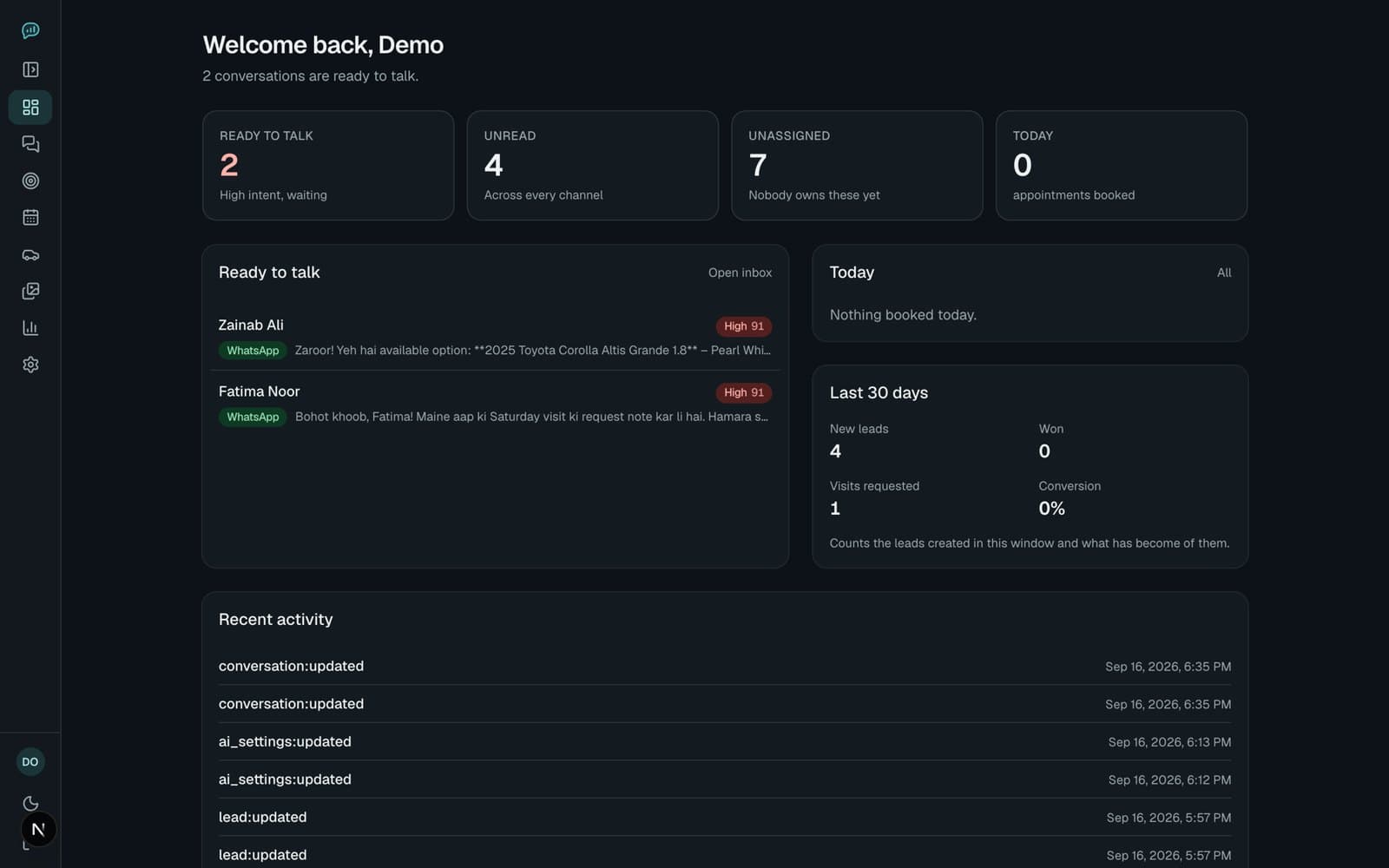 A lead inbox for car dealerships, performance screenshot 1