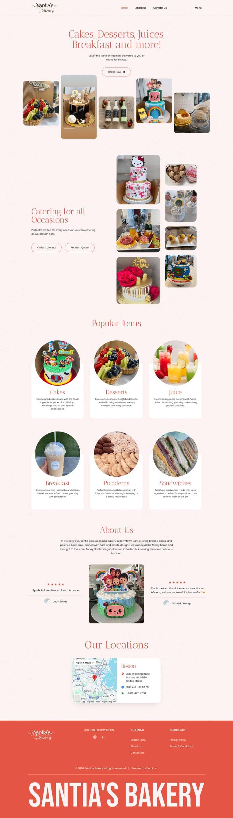 Full-page design of the Santias Bakery website