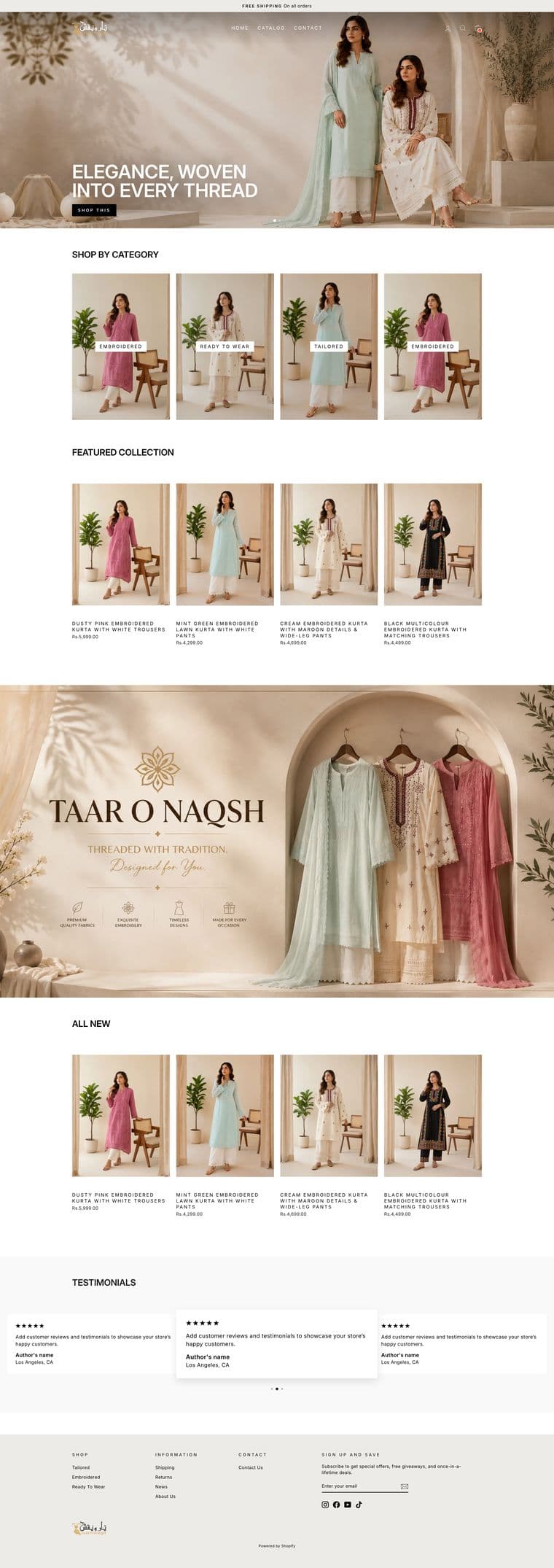 Full-page design of the Taar O Naqsh clothing brand online store in Pakistan