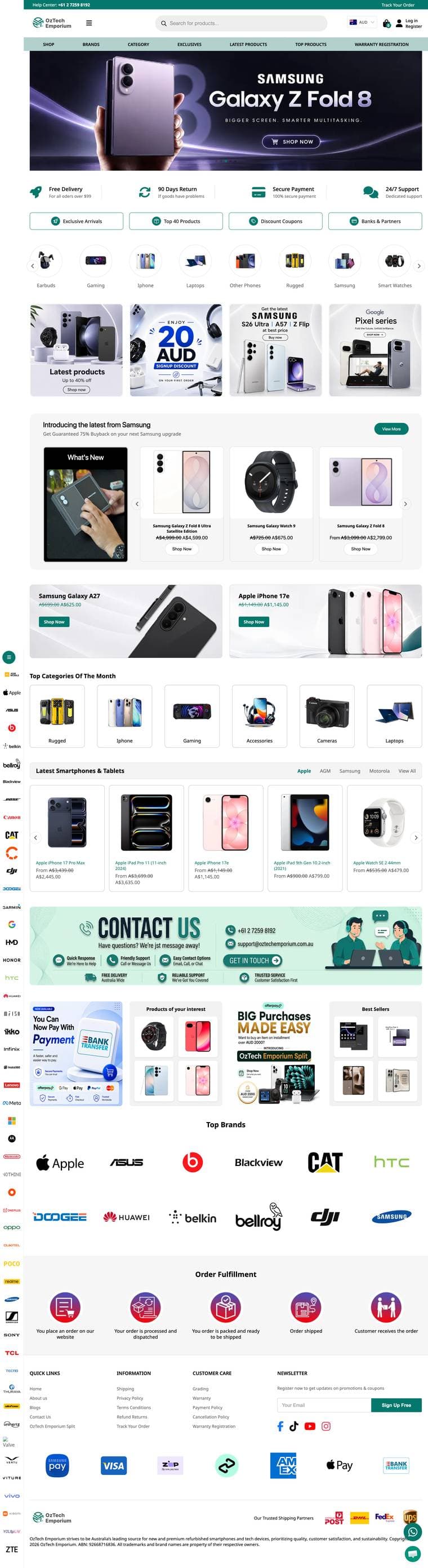 Full-page design of the OZ Tech Emporium electronics store in Australia