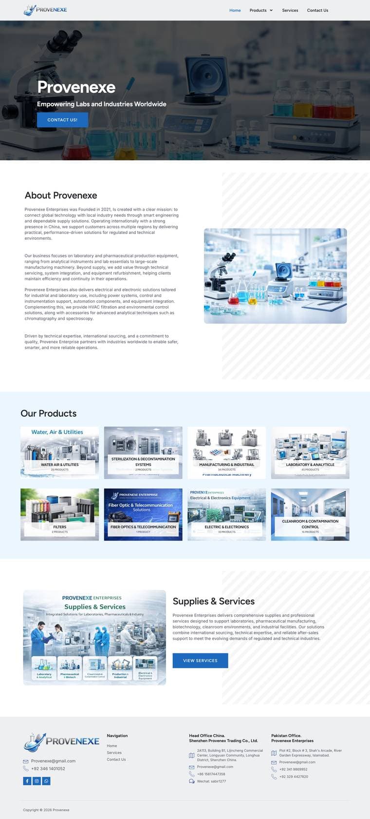 Full-page design of the Provenexe laboratory and industrial equipment website